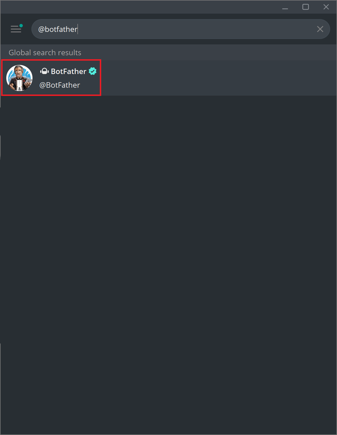 شريط بحث تيليغرام مع كتابة @BotFather وظهور النتيجة الموثّقة بعلامة الصح الزرقاء