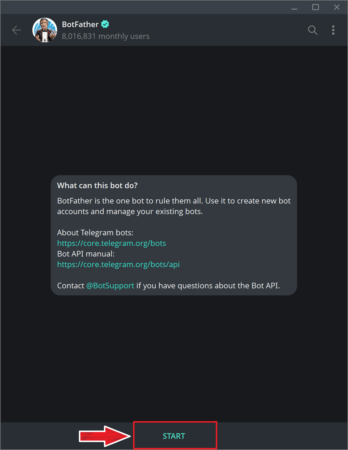 رسالة الترحيب من BotFather تسرد الأوامر المتاحة