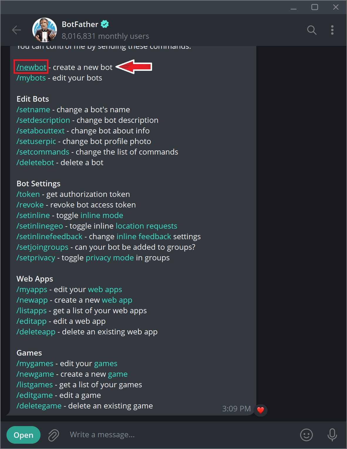 إرسال "/newbot" إلى BotFather