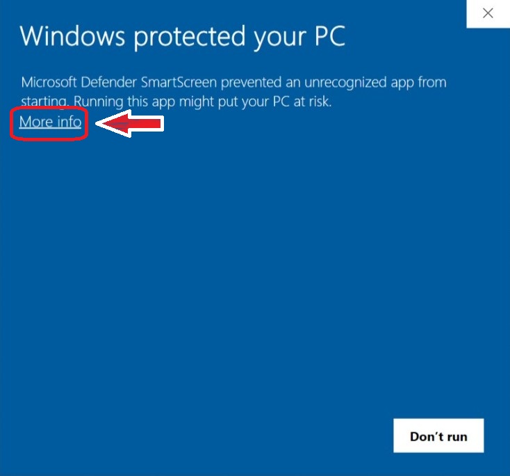شاشة تحذير Windows SmartScreen مع تحديد رابط "More info"